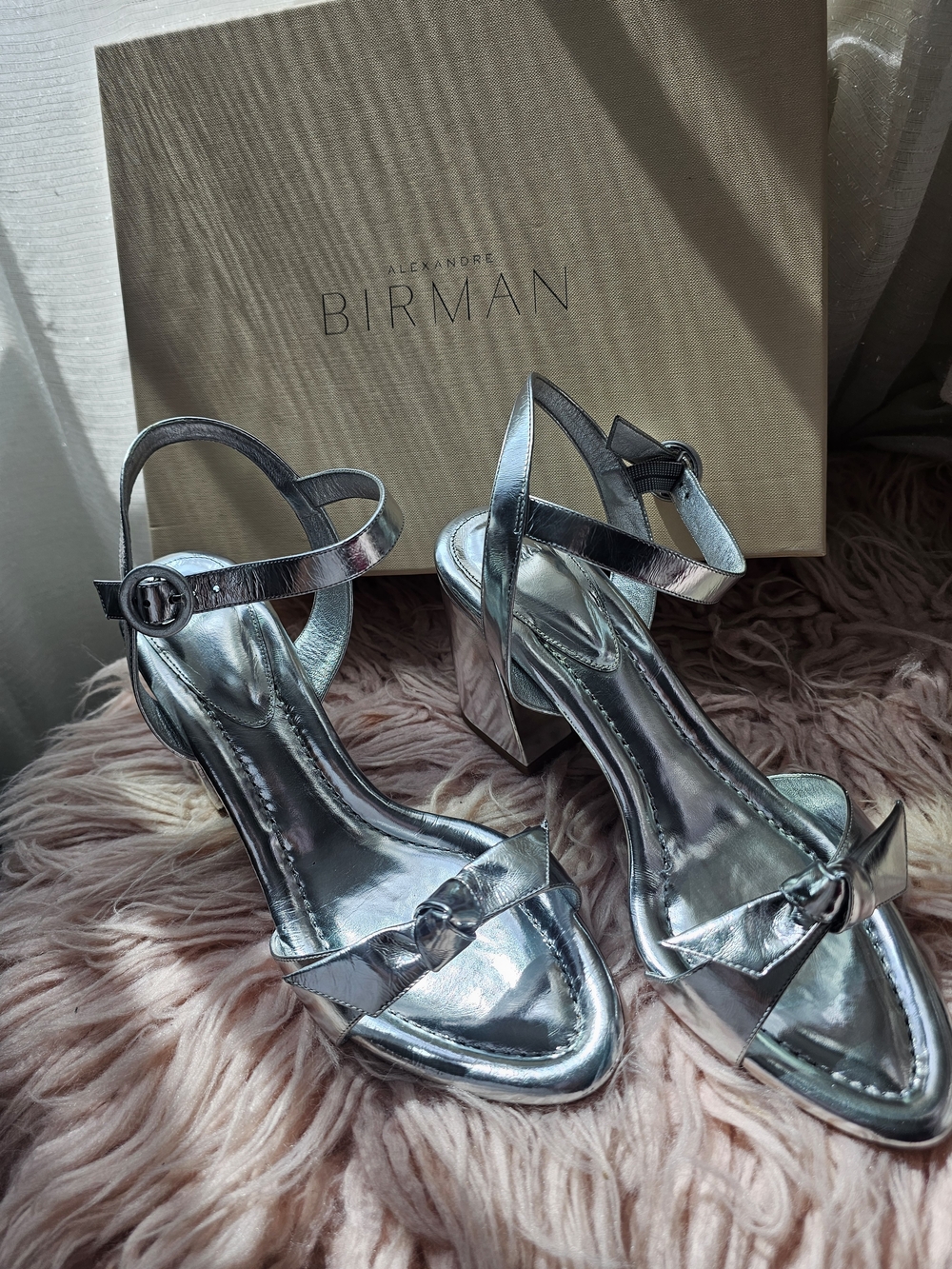 Alexandre Birman Metallic Silver Knotted Strap Block Heel Sandals